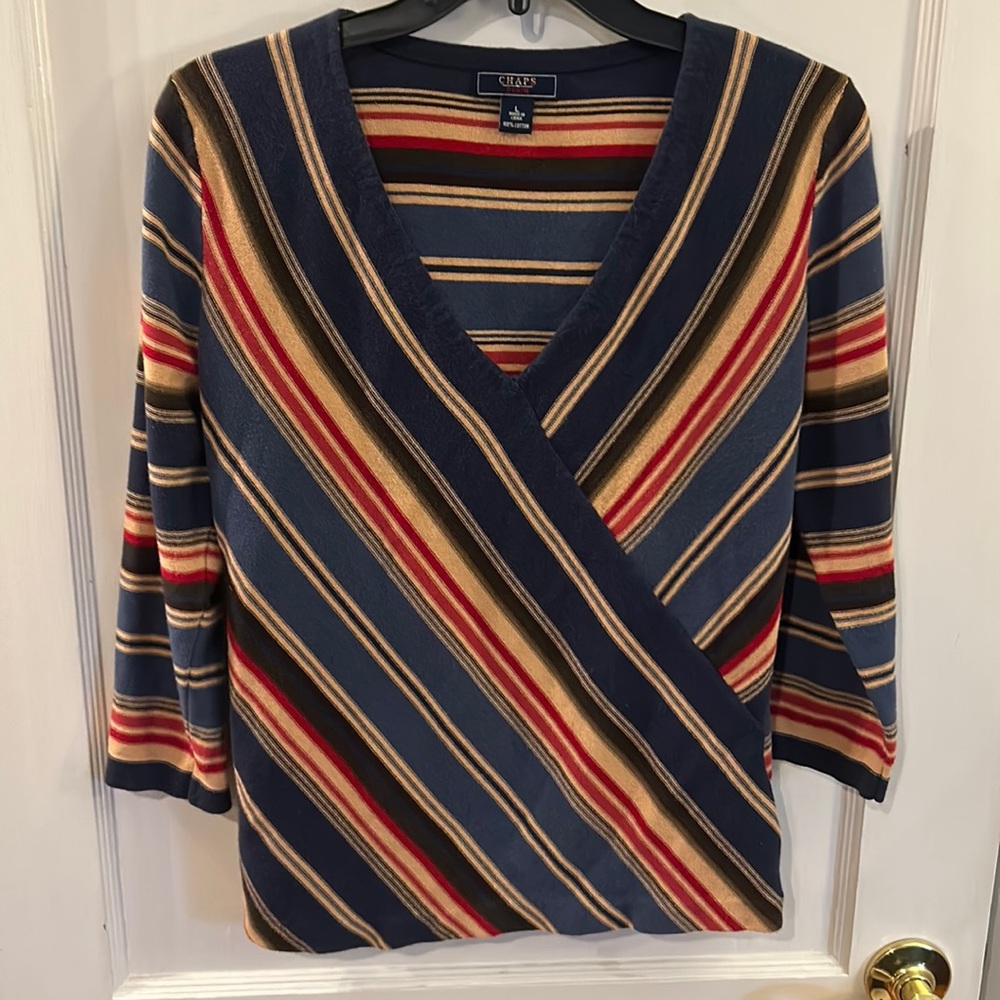 Chaps Women’s 100% cotton sweater in beautiful seasonal colors.